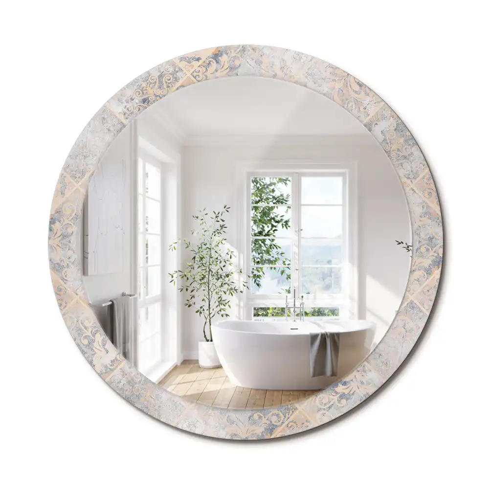 Oglindă rotundă decorativă cu aspect de plăci uzate pentru perete