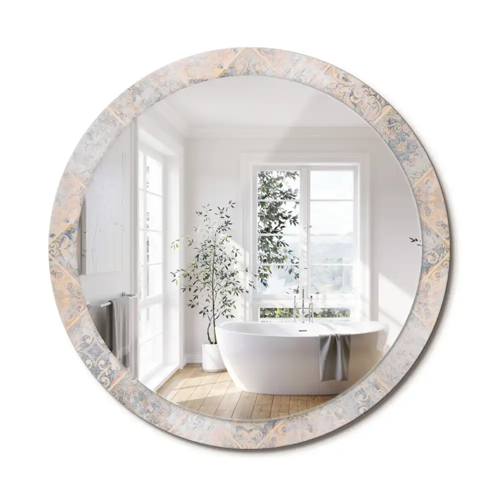 Oglindă rotundă decorativă cu aspect de plăci uzate pentru perete