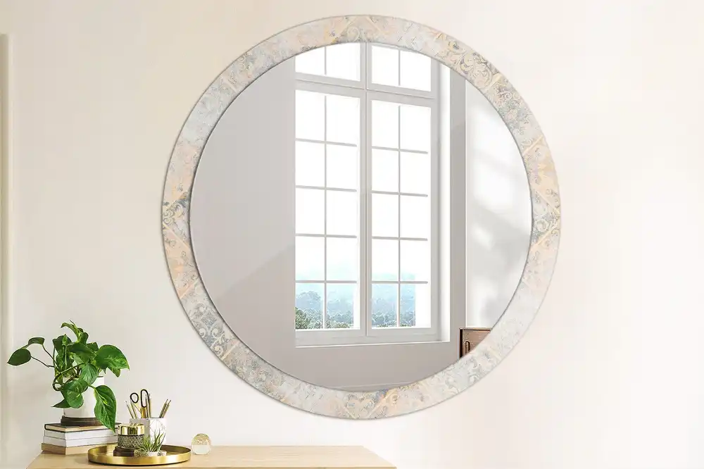 Oglindă rotundă decorativă cu aspect de plăci uzate pentru perete
