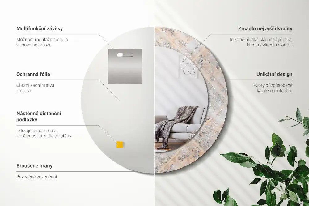Oglindă rotundă decorativă cu aspect de plăci uzate pentru perete