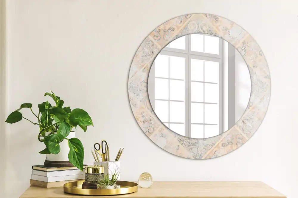 Oglindă rotundă decorativă cu aspect de plăci uzate pentru perete