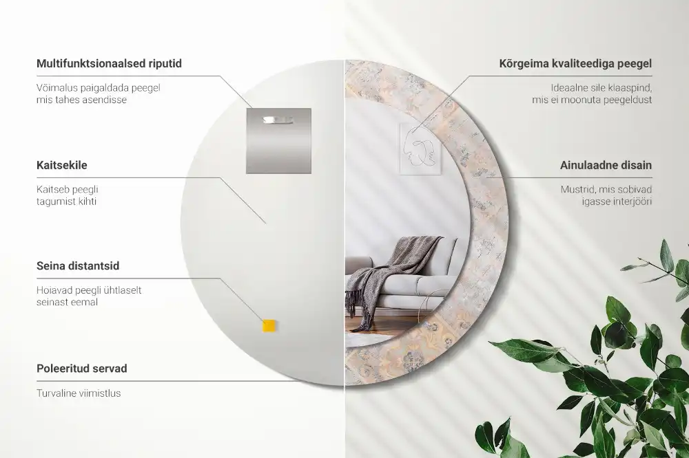 Oglindă rotundă decorativă cu aspect de plăci uzate pentru perete