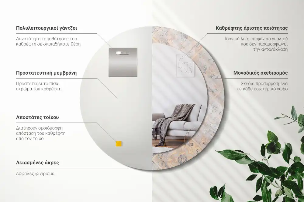 Oglindă rotundă decorativă cu aspect de plăci uzate pentru perete