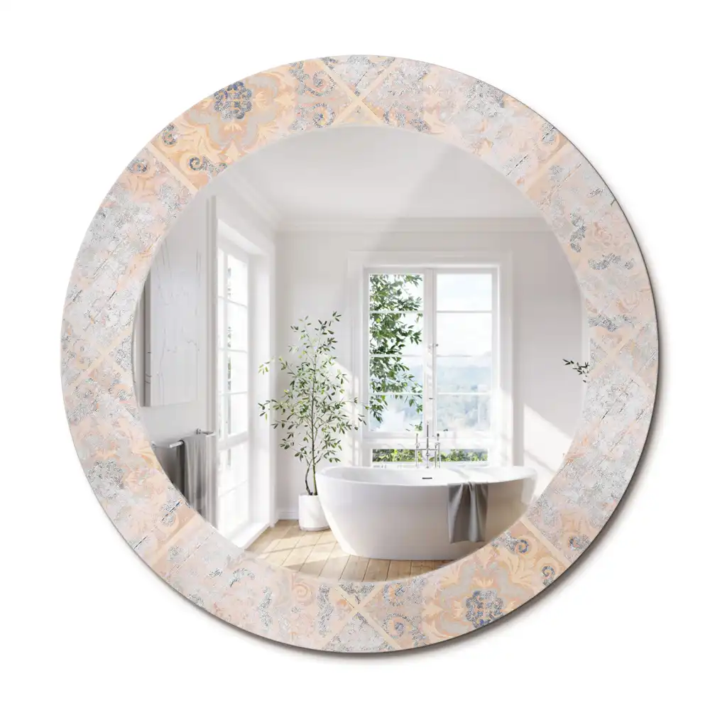 Oglindă rotundă decorativă cu aspect de plăci uzate pentru perete