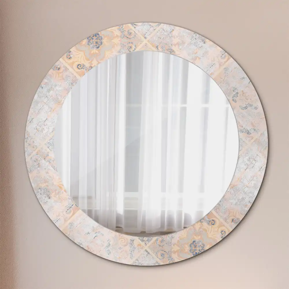 Oglindă rotundă decorativă cu aspect de plăci uzate pentru perete