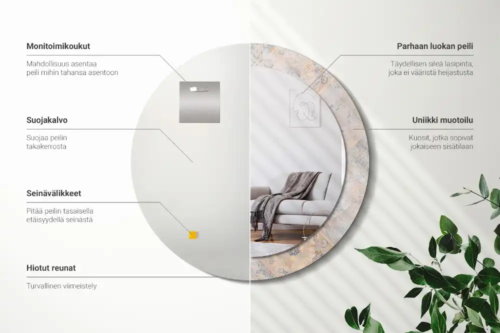 Oglindă rotundă decorativă cu aspect de plăci uzate pentru perete