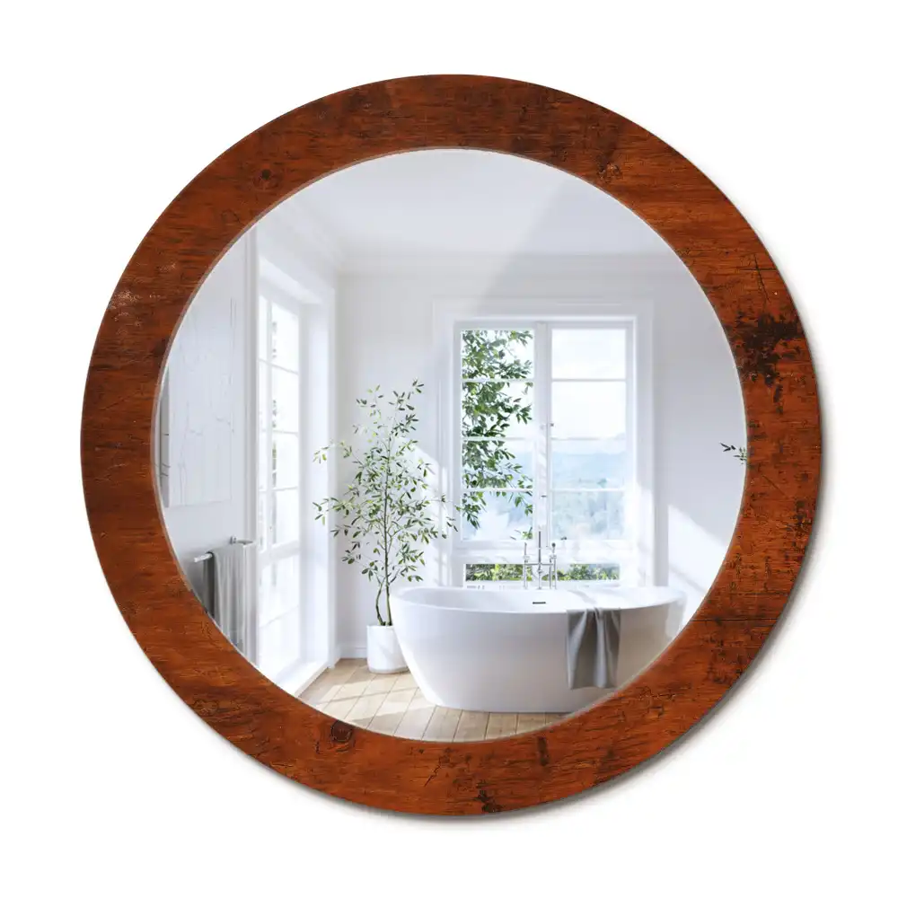 Oglindă rotundă cu ramă cu imprimeu de lemn natural