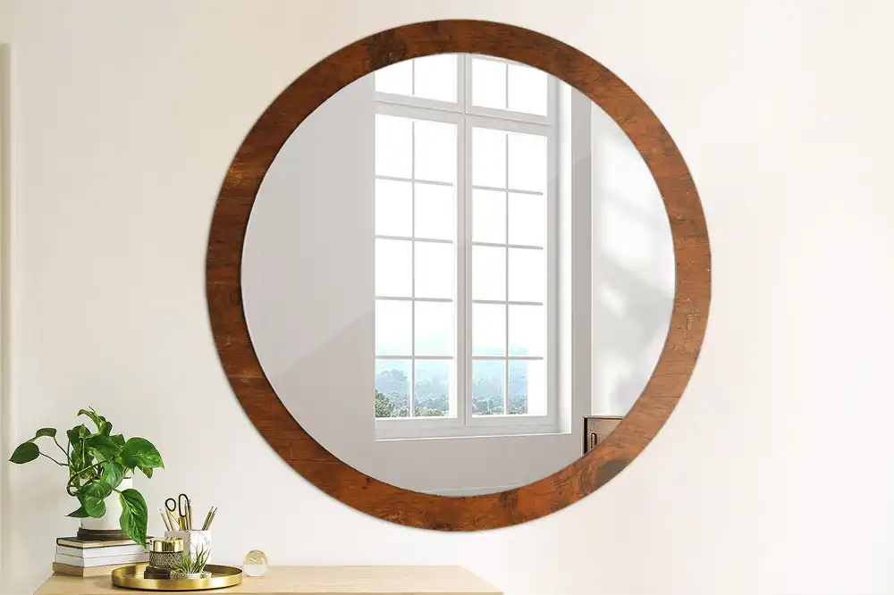 Oglindă rotundă cu ramă cu imprimeu de lemn natural