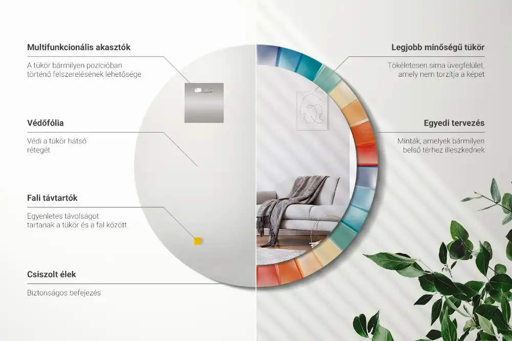 Oglindă rotundă de perete cu decor din plăci colorate sub formă de raze