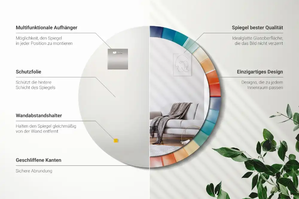 Oglindă rotundă de perete cu decor din plăci colorate sub formă de raze