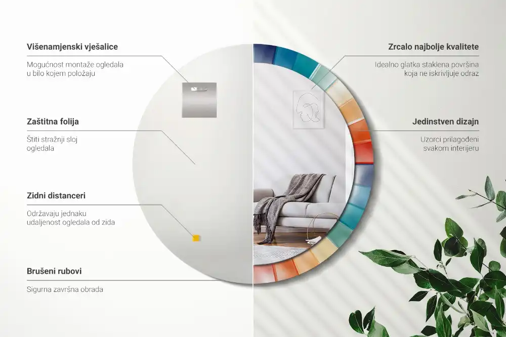 Oglindă rotundă de perete cu decor din plăci colorate sub formă de raze