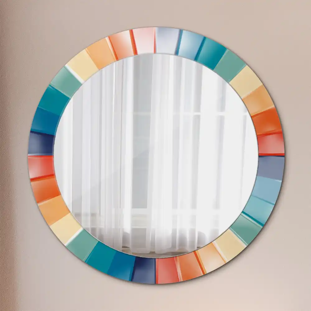 Oglindă rotundă de perete cu decor din plăci colorate sub formă de raze