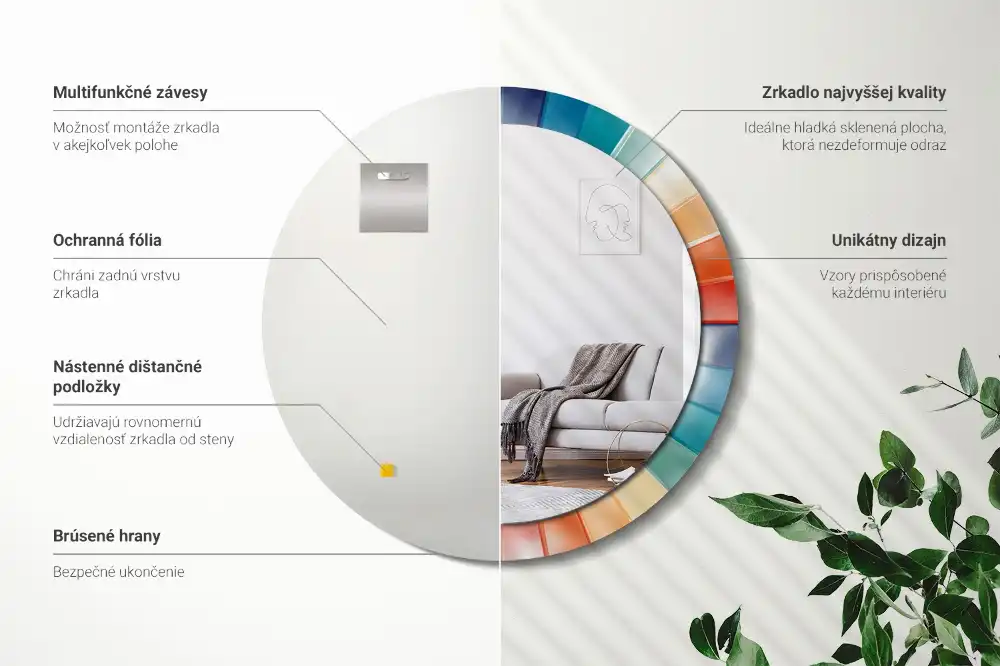 Oglindă rotundă de perete cu decor din plăci colorate sub formă de raze