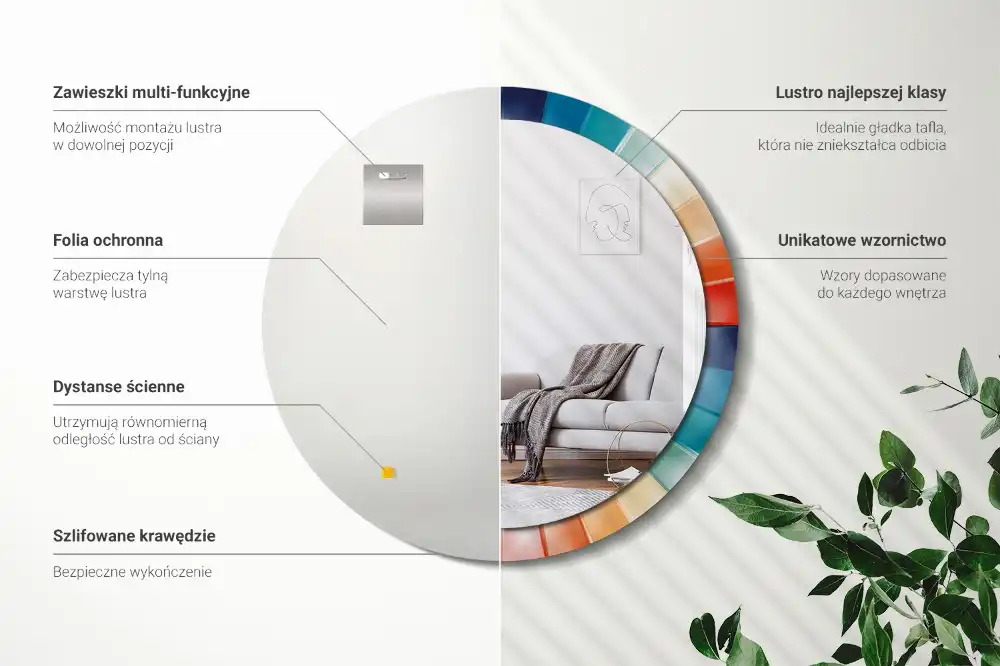 Oglindă rotundă de perete cu decor din plăci colorate sub formă de raze
