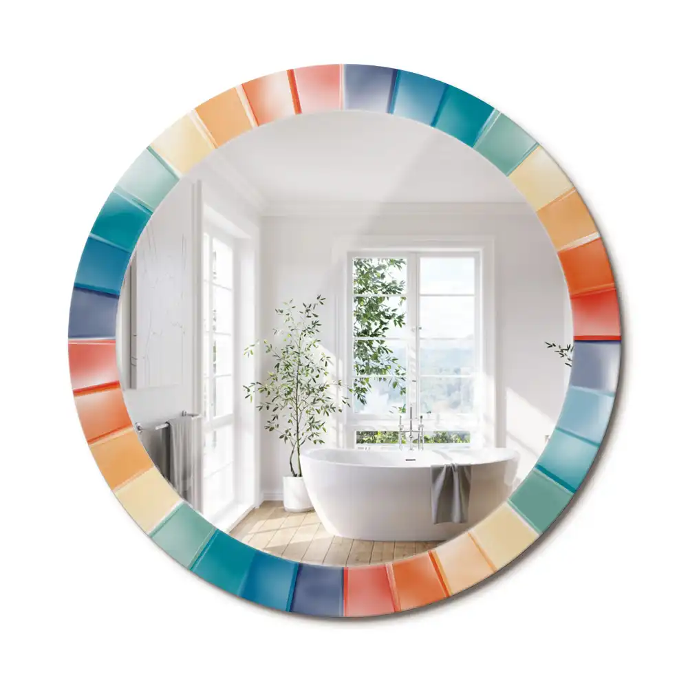 Oglindă rotundă de perete cu decor din plăci colorate sub formă de raze