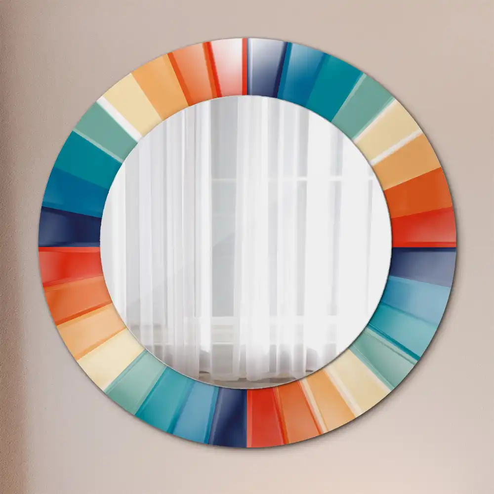 Oglindă rotundă de perete cu decor din plăci colorate sub formă de raze