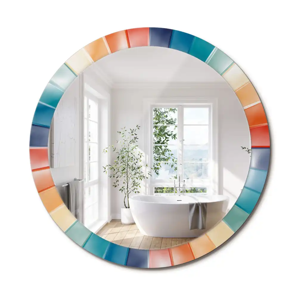 Oglindă rotundă de perete cu decor din plăci colorate sub formă de raze