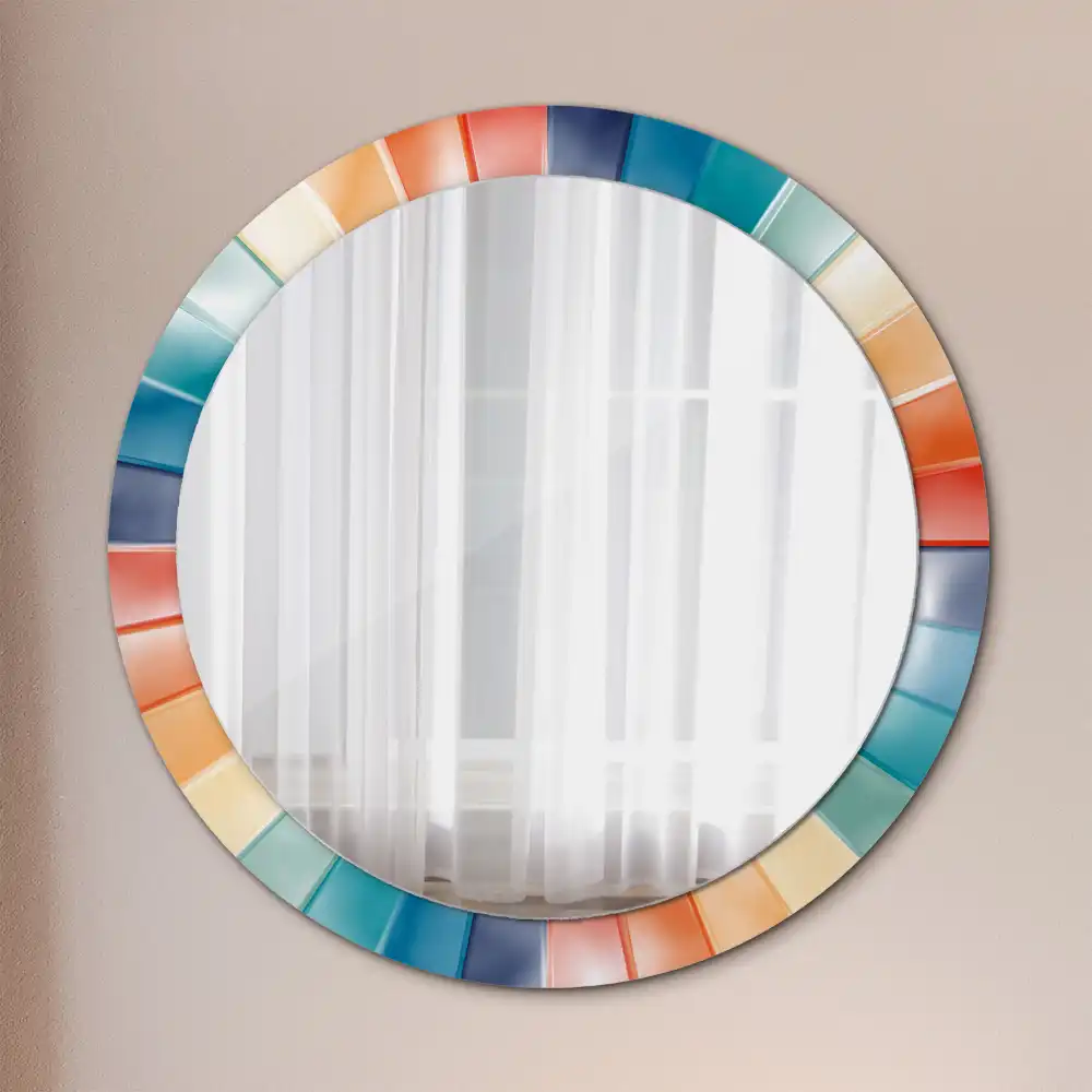 Oglindă rotundă de perete cu decor din plăci colorate sub formă de raze