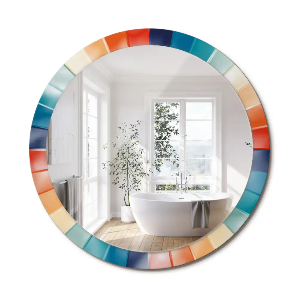 Oglindă rotundă de perete cu decor din plăci colorate sub formă de raze