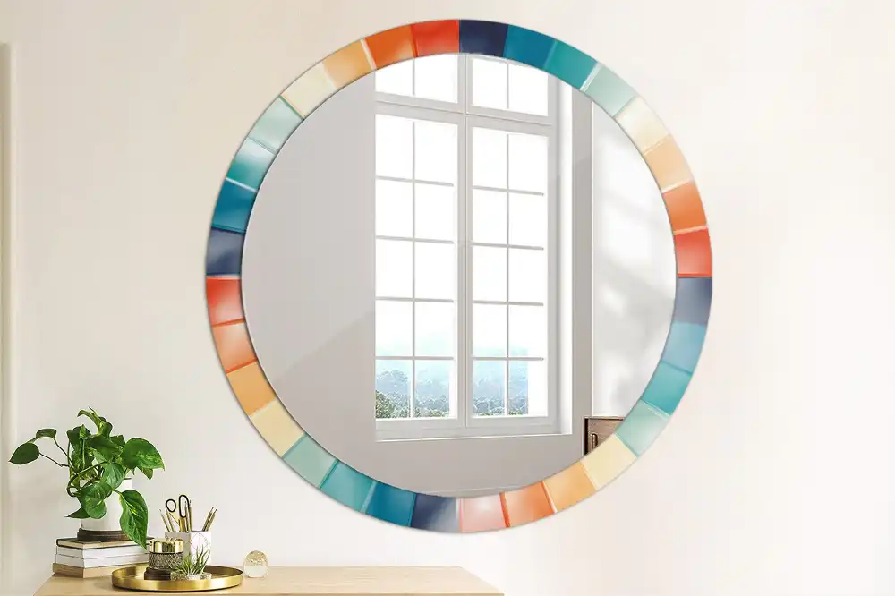 Oglindă rotundă de perete cu decor din plăci colorate sub formă de raze