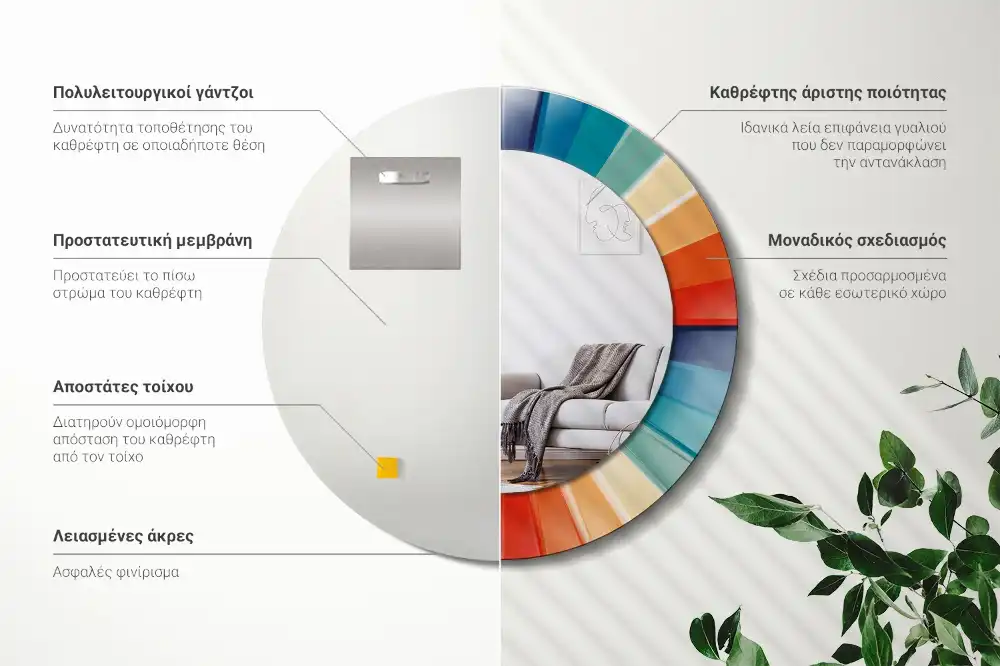 Oglindă rotundă de perete cu decor din plăci colorate sub formă de raze