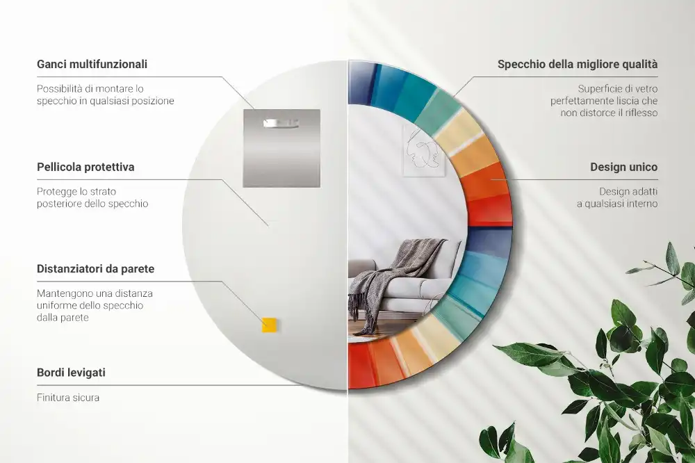 Oglindă rotundă de perete cu decor din plăci colorate sub formă de raze