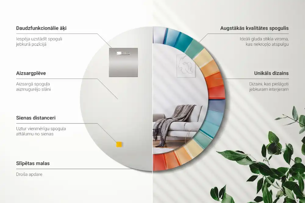 Oglindă rotundă de perete cu decor din plăci colorate sub formă de raze
