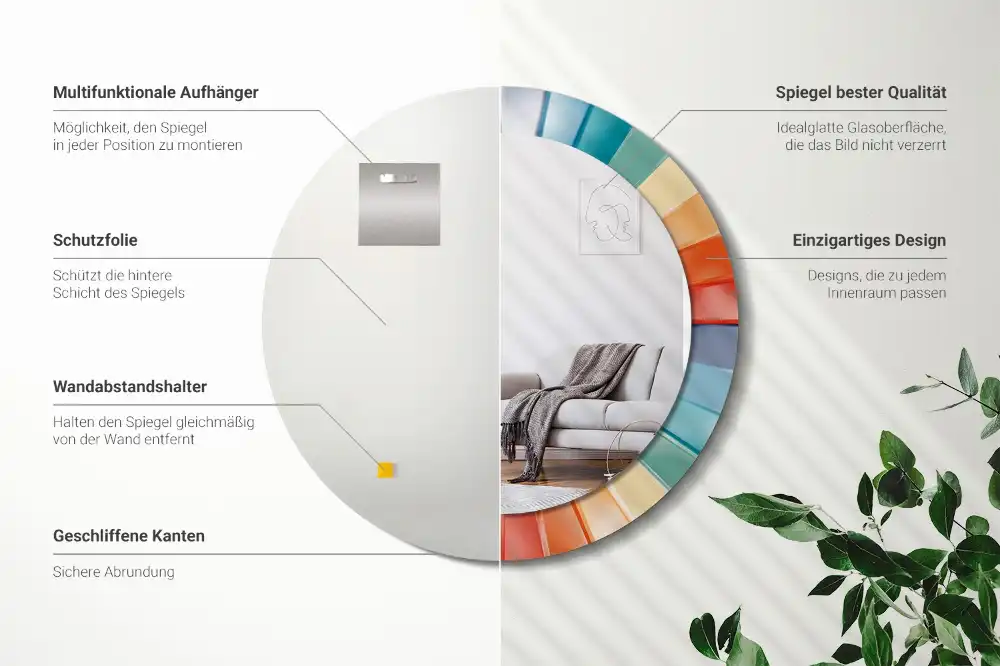 Oglindă rotundă de perete cu decor din plăci colorate sub formă de raze