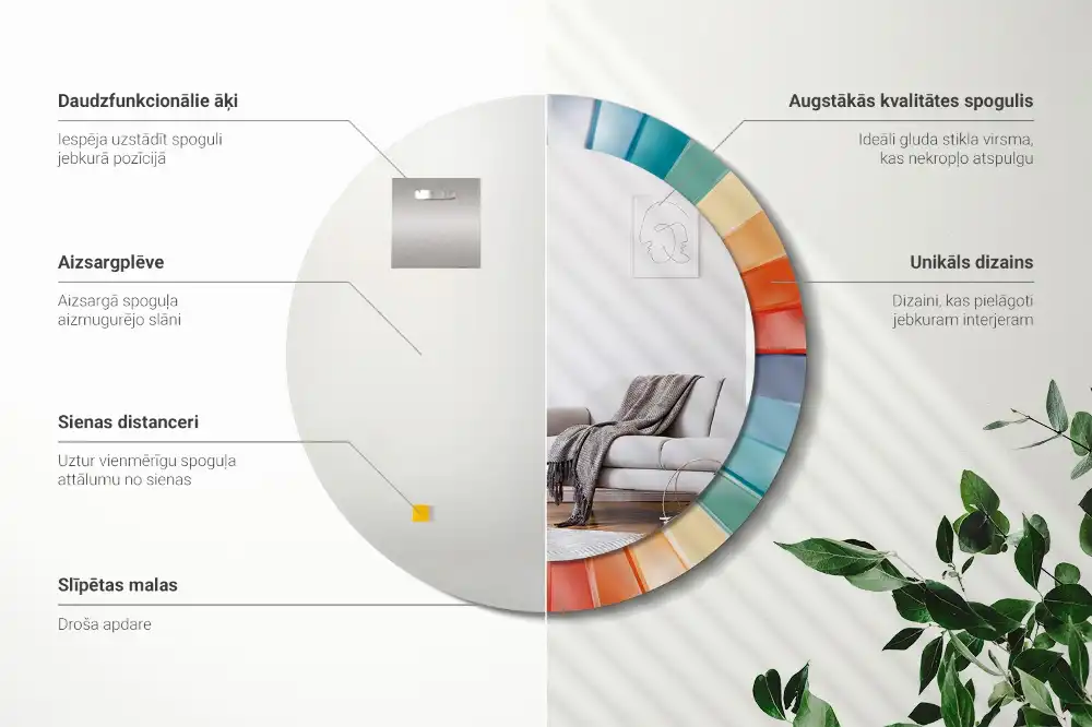 Oglindă rotundă de perete cu decor din plăci colorate sub formă de raze