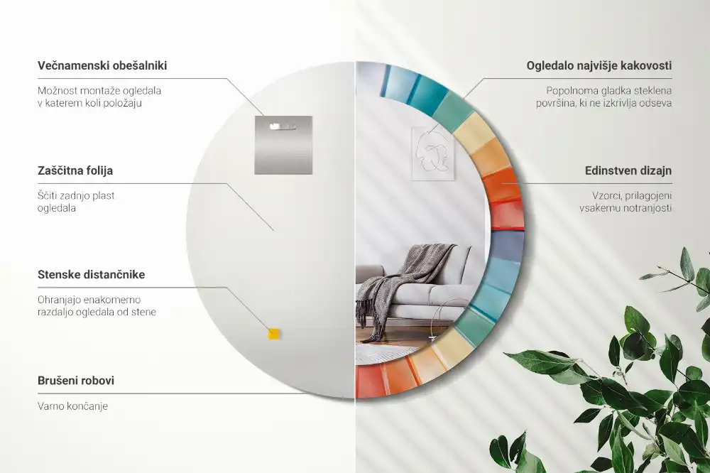 Oglindă rotundă de perete cu decor din plăci colorate sub formă de raze