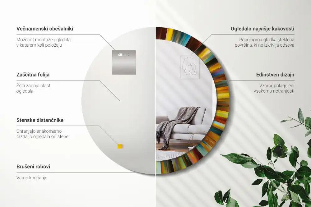Oglindă rotundă cu ramă imprimată cu raze colorate