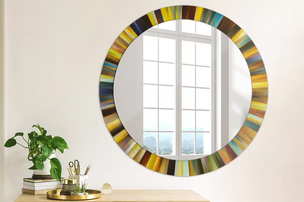 Oglindă rotundă cu ramă imprimată cu raze colorate