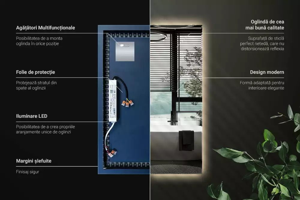 Oglindă dreptunghiulară cu iluminare LED