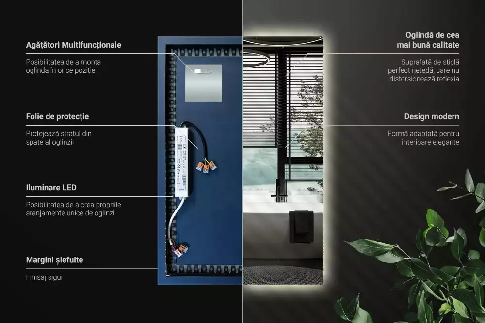 Oglindă dreptunghiulară cu iluminare LED