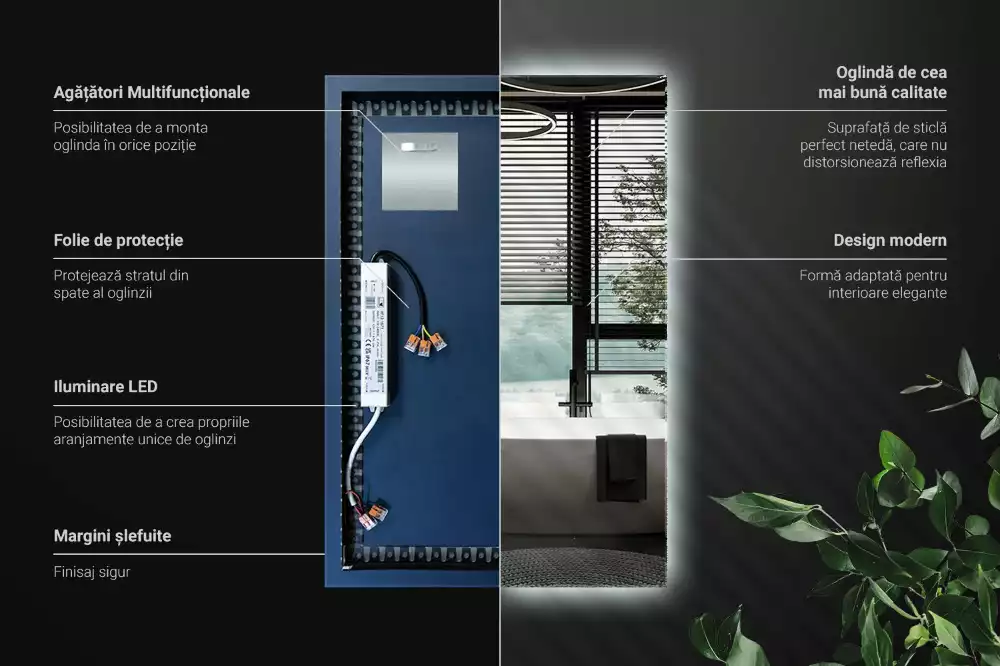 Oglindă dreptunghiulară cu iluminare LED