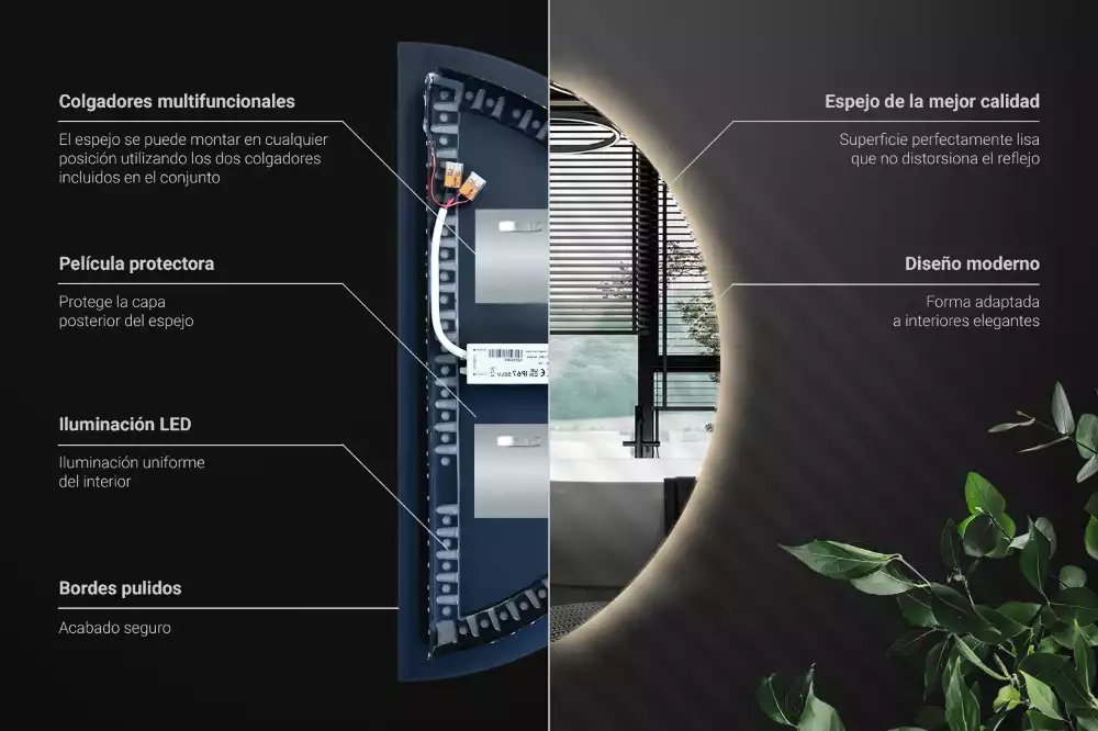 Oglindă decorativă de perete în formă de semicerc cu iluminare LED