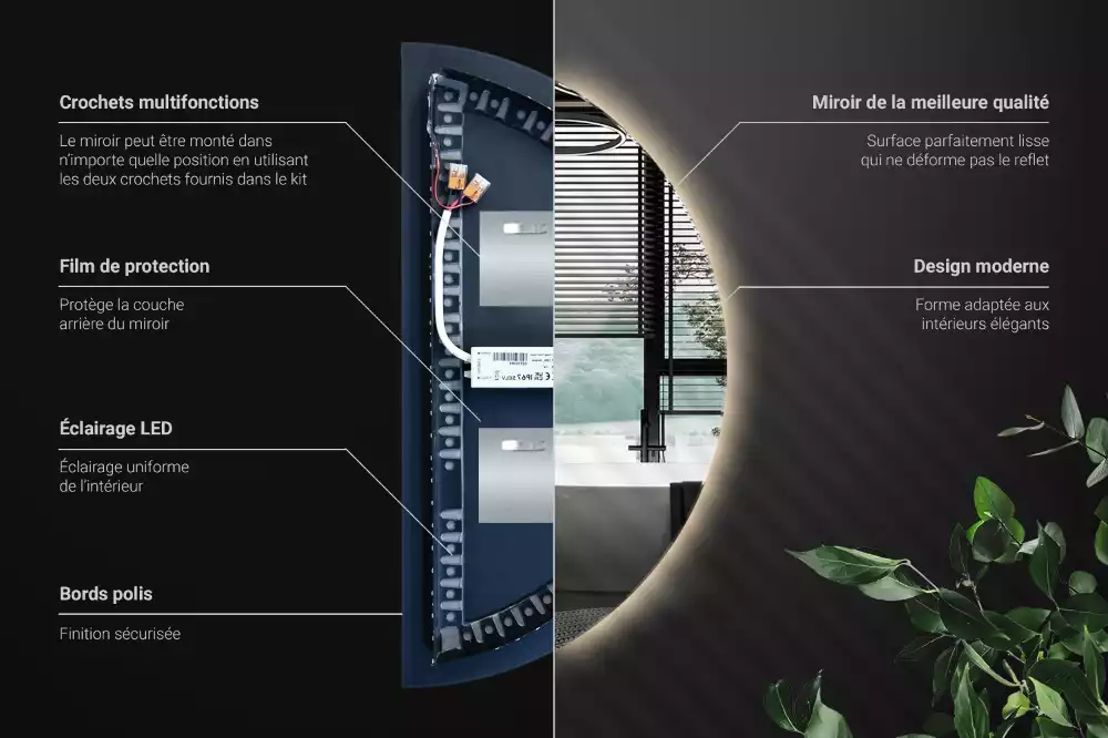 Oglindă decorativă de perete în formă de semicerc cu iluminare LED