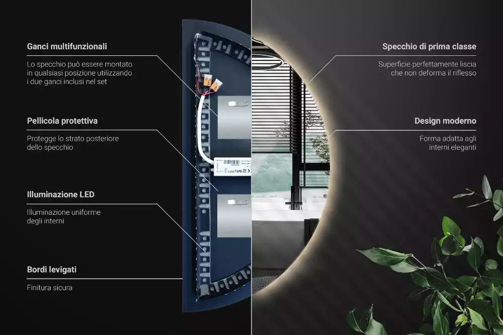 Oglindă decorativă de perete în formă de semicerc cu iluminare LED
