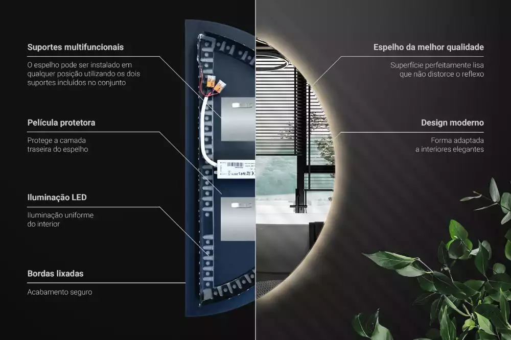 Oglindă decorativă de perete în formă de semicerc cu iluminare LED