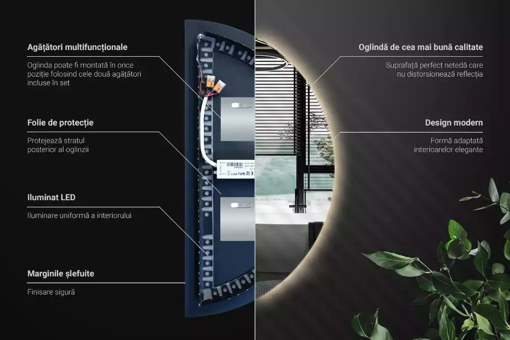 Oglindă decorativă de perete în formă de semicerc cu iluminare LED