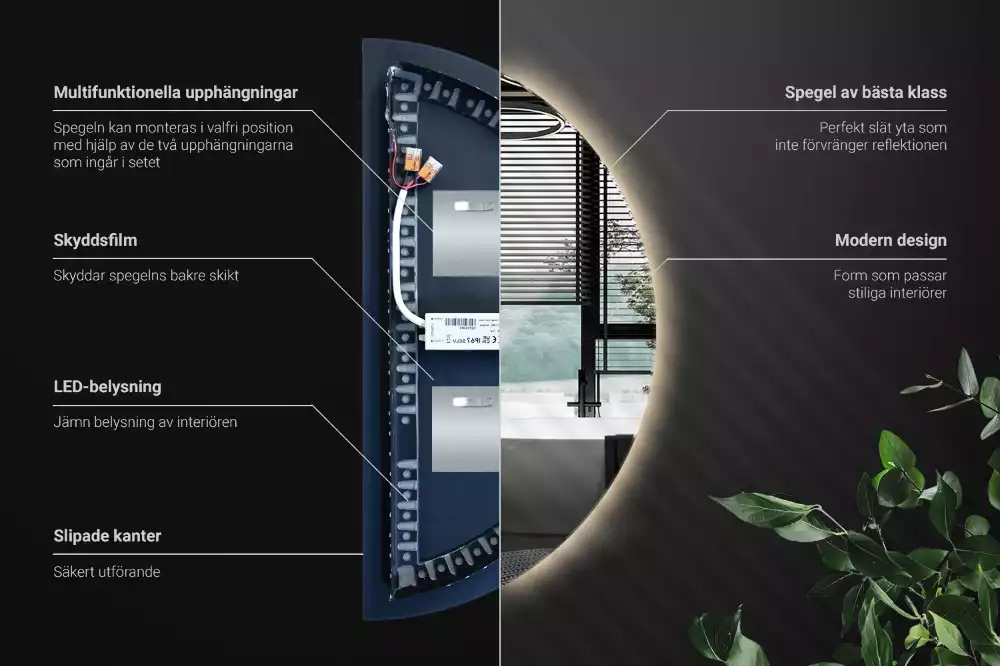 Oglindă decorativă de perete în formă de semicerc cu iluminare LED