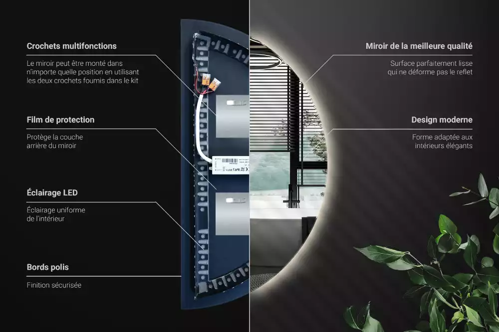Oglindă decorativă de perete în formă de semicerc cu iluminare LED