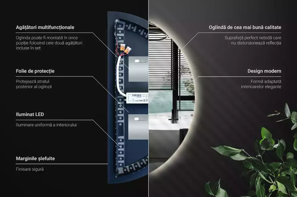 Oglindă decorativă de perete în formă de semicerc cu iluminare LED
