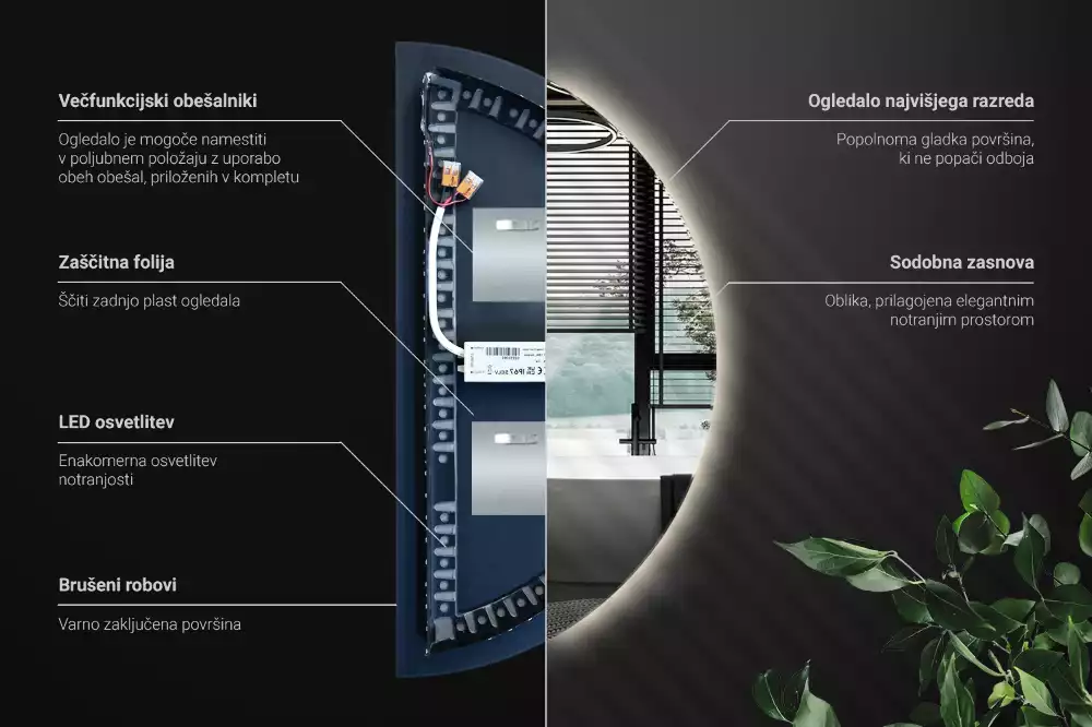 Oglindă decorativă de perete în formă de semicerc cu iluminare LED