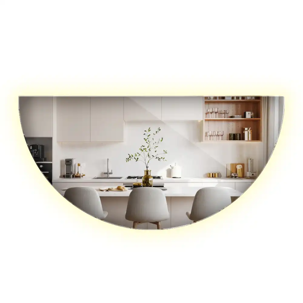 Oglindă decorativă de perete în formă de semicerc cu iluminare LED