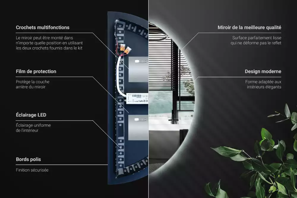 Oglindă decorativă de perete în formă de semicerc cu iluminare LED