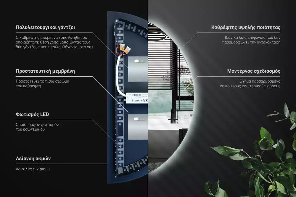 Oglindă decorativă de perete în formă de semicerc cu iluminare LED