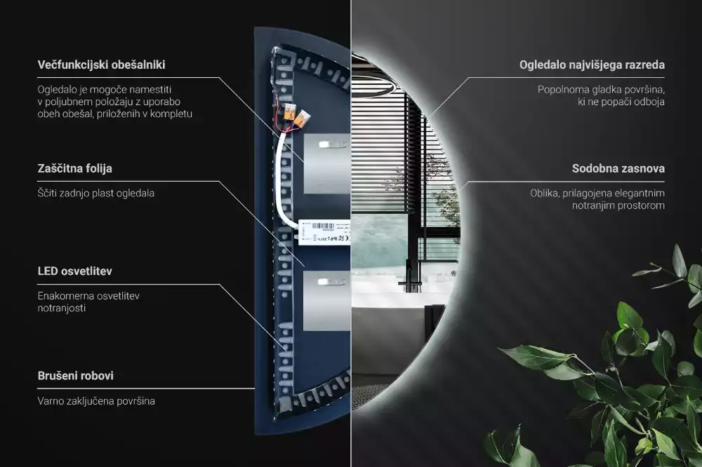 Oglindă decorativă de perete în formă de semicerc cu iluminare LED