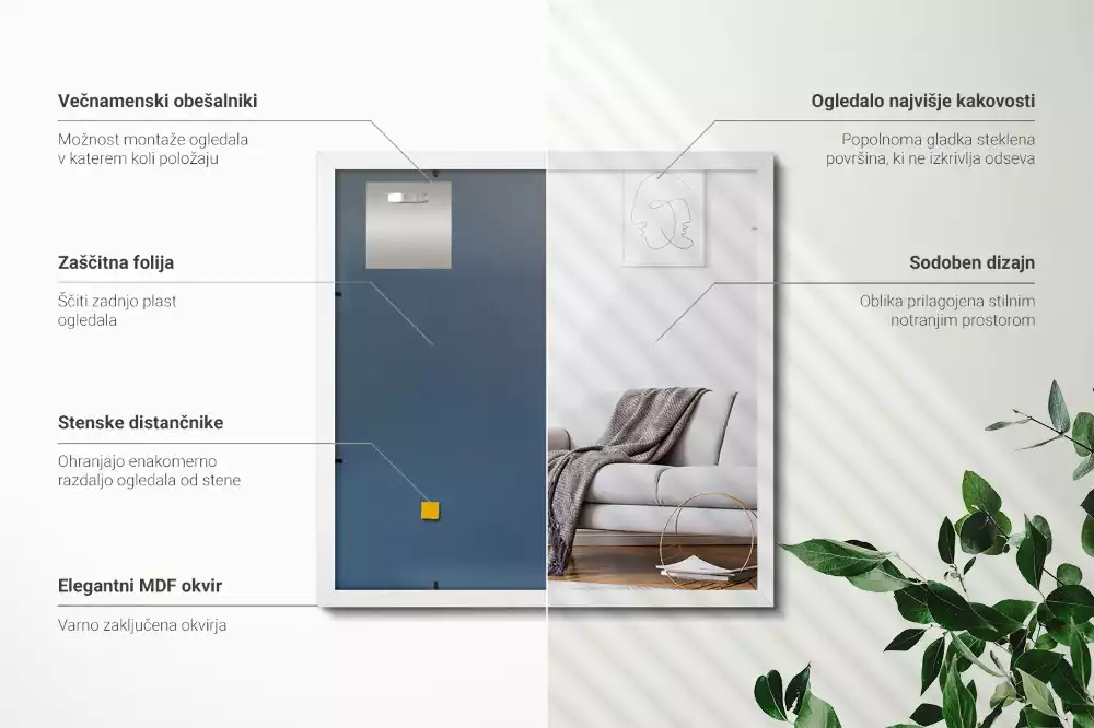 Oglindă suspendată dreptunghiulară cu ramă albă
