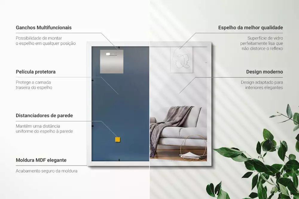 Oglindă suspendată dreptunghiulară cu ramă albă